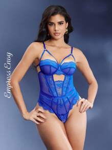 SHEIN Women's Sexy Lace Bodysuit Lingerie, Going Out - Royal Blue - View 4