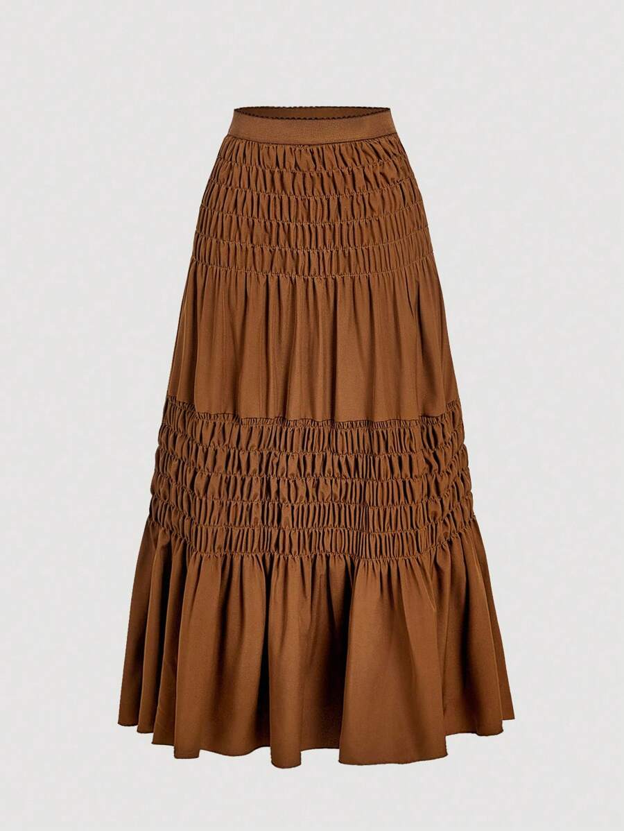 SHEIN MOD 女式纯色多层褶饰休闲中长裙