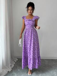 Elenzga Vestido feminino elegante com estampa floral e babados