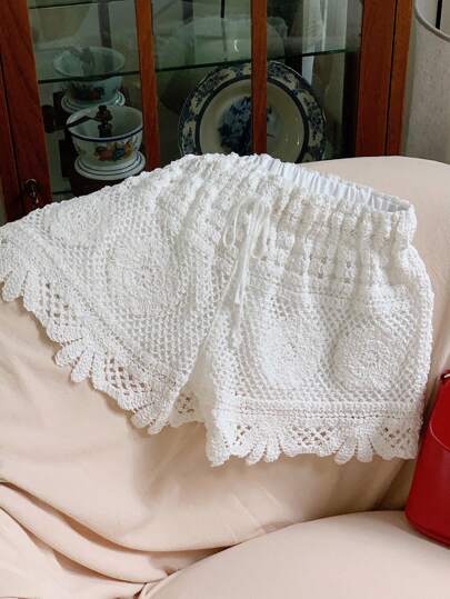 Comfortcana Women's Solid Color Lace-Up Waist Hollow Out Knit Shorts,Date Night Outfits Women Autumn Winter Clothes For Women