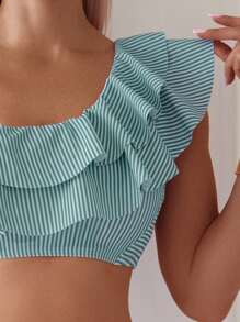 SHEIN Swim Printed Random Stripe Patchwork Ruffle Trim Asymmetrical Neck Crop Top And High Waist Bikini Set For Summer Beach Vacation - Multicolor - View 3