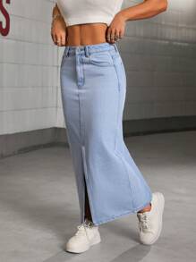 SHEIN PETITE 女士休闲时尚简约下摆开衩牛仔 A 字裙，日常穿着 - 藍色 - 查看 3