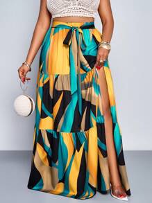 Maweii Plus Size Spring And Summer New Elastic Waist Strap Bowknot A-Line Large Skirt Slit Pleated Abstract Pattern Half Skirt Elegant Sexy Casual Everyday Beach Clothing Vacation Fashion Women's Clothing