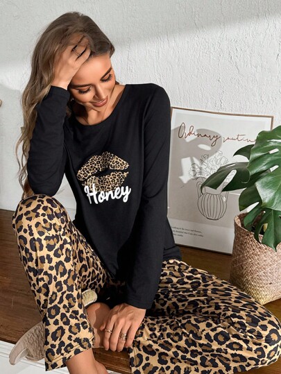 Women Leopard Lip Print Long Sleeve Top Pants Pyjama Set, Fall Clothes Cozy Elegante