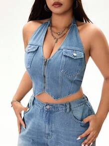 INAWLY Plus Size Women's Denim Stretch Halter Bodysuit - Blue - View 4