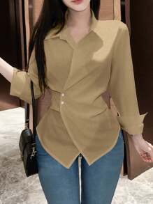 SHEIN Unity 女士纯色前纽扣长袖衬衫领简约衬衫，休闲日常穿着 - 卡其色 - 查看 5