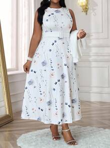 SHEIN Lady 春夏秋冬休闲优雅通勤办公室彩色圆领喇叭腰带纽扣中长袖休闲优雅金色连衣裙职业装棕色裙子白色裙子女装套装 - 彩色 - 查看 3