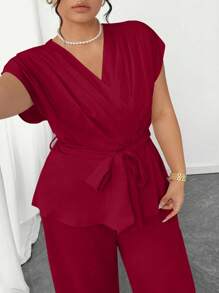 Elenzga 大码夏季优雅纯色衬衫和裤子两件套 - 酒紅色 - 查看 5