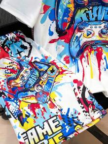 SHEIN Set de 2 piezas de camiseta de manga corta con gráfico de videojuego y pantalones cortos para niño preadolescente