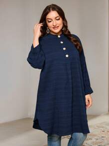 Veilorie Plus Size Women's Autumn Long Sleeve Button Half-Placket Long Loose Casual Shirt - Navy Blue - View 1