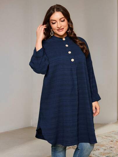 Veilorie Plus Size Women's Autumn Long Sleeve Button Half-Placket Long Loose Casual Shirt