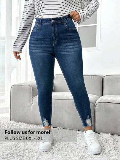 Firerie Plus Ripped Raw Edge Skinny Jeans, Fall Women Clothes