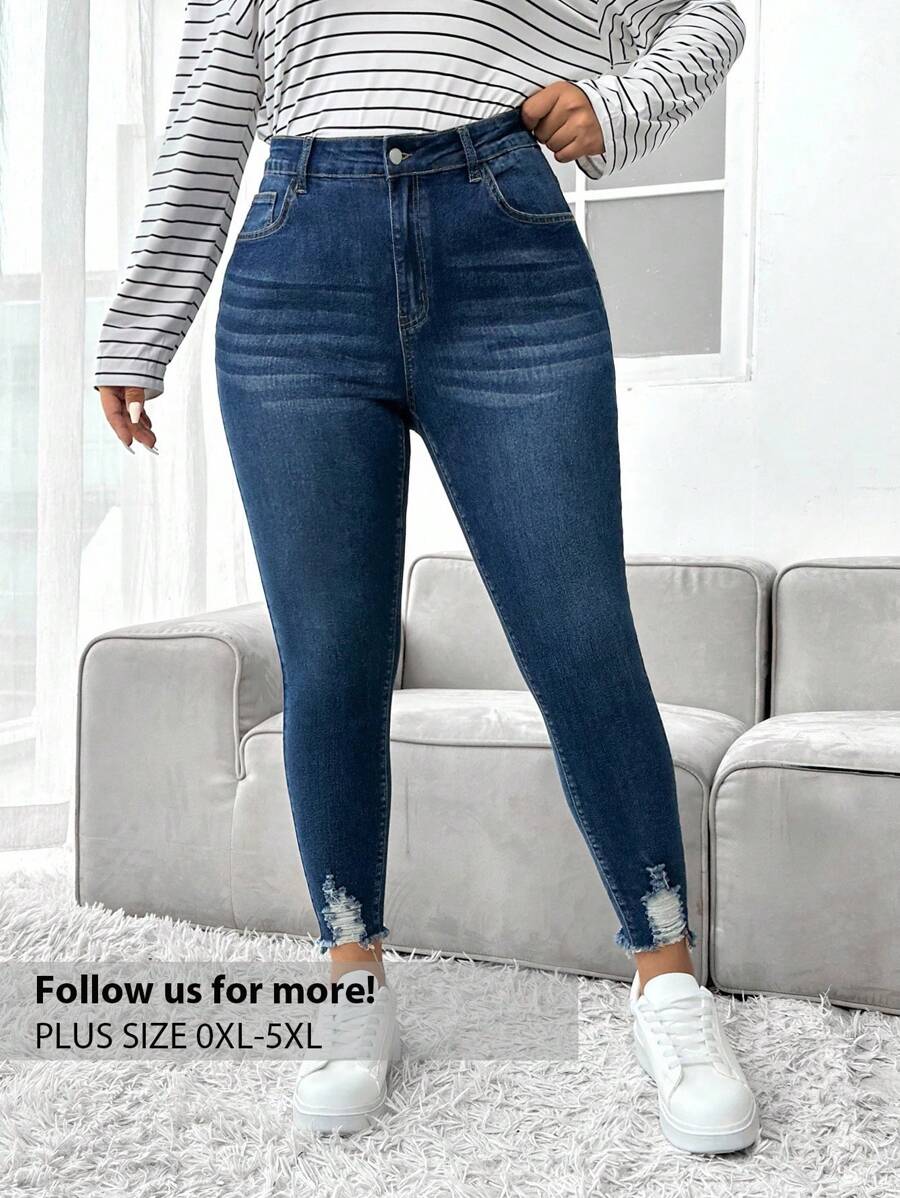 Firerie 大碼破洞毛邊緊身牛仔褲