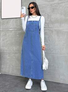 EURMUSE Women's Casual Loose Pocket Design Denim Overall Dress - Dusty Blue - View 5