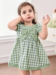 SHEIN Babygirl Cute Summer Vacation Green Plaid Pearl Button Short Sleeve Dress - Multicolor - View 4