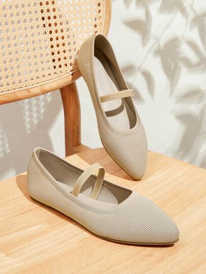 CUCCOO BASICS Women's Pointed Toe Apricot Flat Comfortable Breathable Knitted Elastic Band Slip-On Casual Flats