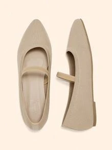 CUCCOO BASICS 女士尖头杏色平底舒适透气针织松紧带一脚蹬休闲平底鞋 - 杏色 - 查看 4