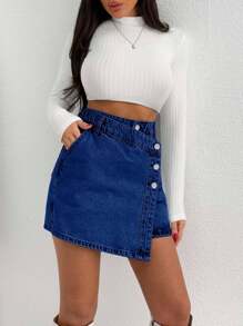 EURMUSE WOMEN MINI SKIRT MEDIUM WASH BUTTON DETAIL - Dark Wash - View 3