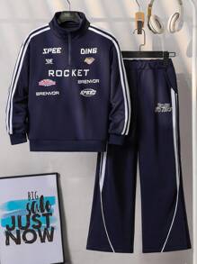 2 Stücke Outfit für Teenager Jungs Hiphop Indigo Blau cooles Label Muster Sport Outfit, weiches, dehnbares, bequemes Material, geeignet für Sport, Reisen, Schule, Fotografie, verschiedene Anlässe, ein angesagter Sonnenoutfit, das man haben muss