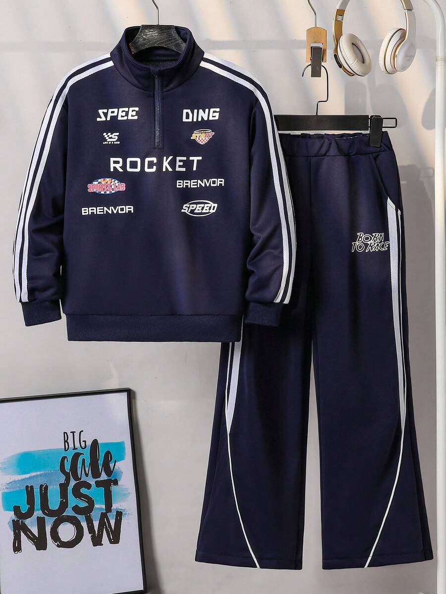 2 Stücke Outfit für Teenager Jungs Hiphop Indigo Blau cooles Label Muster Sport Outfit, weiches, dehnbares, bequemes Material, geeignet für Sport, Reisen, Schule, Fotografie, verschiedene Anlässe, ein angesagter Sonnenoutfit, das man haben muss