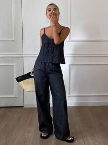 DAZY Women's Summer Flounce Strap Top And Wide-Leg Jeans 2-Piece Set - Dark Wash - View 4