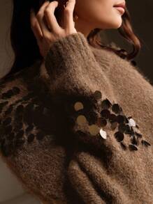 Anewsta Áo len cổ tròn thêu sequin thời trang cao cấp kiểu Pháp cổ điển, thu/đông - Màu nâu  Mocha - Xem 2