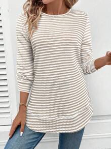 SHEIN LUNE Women's Casual Crew Neck Asymmetrical Hem Sweatshirt, Textured Striped Fabric Going Out Tops Women Work For Women Oversized T Shirt Women Business Casual Women Airport Striped Long Sleeve Shirt Women Women Long Sleeve Tops Ribbed Knit Top Long Sleeve Shirts For Women Knitted Tops For Women Long Sleeve T-Shirt In Fall/Winter - Multicolor - View 4