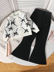 SHEIN 年轻女孩休闲宽松简约舒适圆领长袖毛衣和裤子套装 - 黑與白 - 查看 2