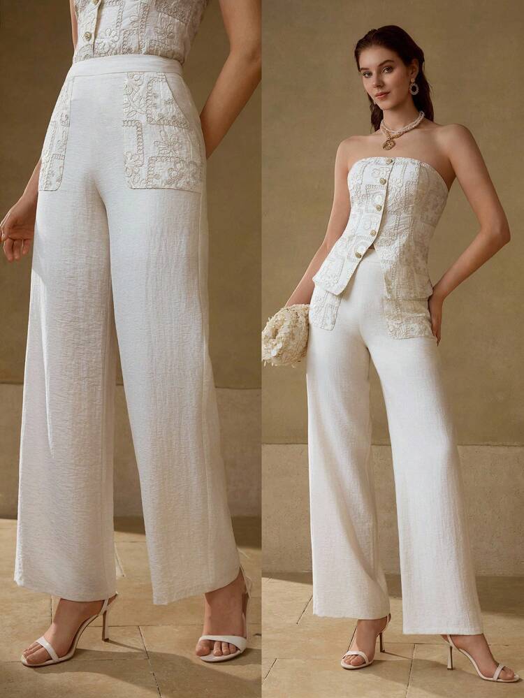 EMBROIDERY SLANT POCKET WIDE LEG PANTS
