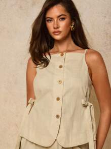 COSMINA Bộ 2 món/Bộ đồ cotton thường ngày mùa hè phong cách Old Money màu trơn, áo hai dây cài nút gỗ và quần dài, Bộ đồ mặc nhà cho nữ, Trang phục mùa thu, Trang phục công sở, Trang phục giáo viên cho nữ - Màu be - Xem 6
