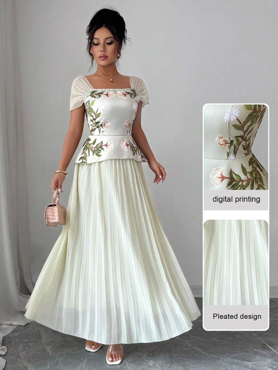 Modelyn Digital Print Patchwork Pleated Short Sleeve Long Dress For Women