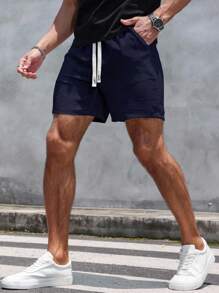 Manfinity Homme 男士休闲纯色仿麻冰丝短裤夏季男短裤男夏季短裤男休闲短裤男抽绳短裤 - 藏蓝色 - 查看 4