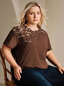 Anewsta Áo thun tay ngắn khoét ren cỡ lớn cho nữ, phong cách thanh lịch ngày lễ, xuân/hè, cho lễ hội, tốt nghiệp - Cà phê nâu - Xem 5