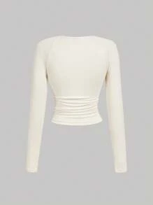 SHEIN MOD 垂坠领口合身褶皱杏色优雅长袖 T 恤，女士教师装，商务休闲女装，乡村音乐会装，哥特装，外出上衣，西部女装，老钱风格女装，女士早午餐装，老钱装，基本款上衣，奶油色上衣，垂坠上衣，象牙白色上衣，长袖上衣 - 杏色 - 查看 2