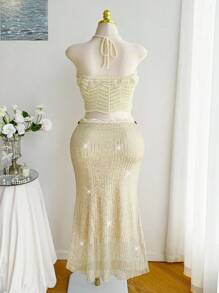 Comfortcana 加大码春季亮片腰链长裙，带褶皱，适合浪漫度假派对 - 米色 - 查看 2