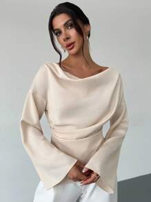 Firerie 船领喇叭袖收腰办公室女士杏色衬衫，新款简约优雅通勤装，不对称褶皱领，缎面喇叭袖办公室衬衫，优雅别致 - 杏色 - 查看 4