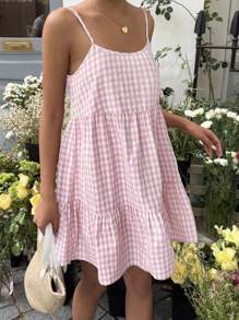 MainGRL 女式夏季新款格纹背心裙细肩带露背连衣裙 - 粉色 - 查看 4