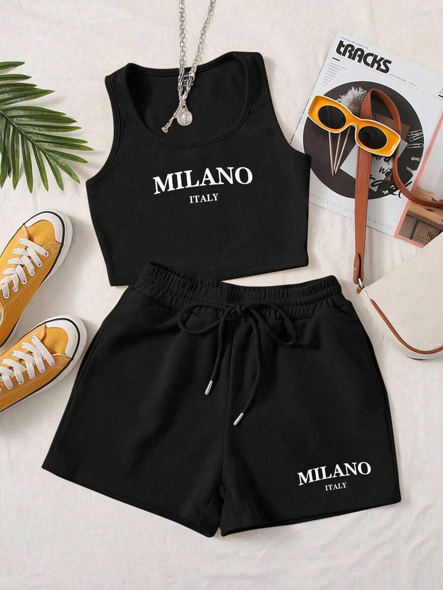 SHEIN EZwear 2 件套女士休闲米兰字母图案修身背心和抽绳短裤，舒适夏季服装