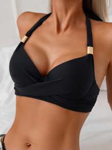 Swim Vcay 1 件女士沙滩装露背系带纯色金属装饰泳衣上衣 - 黑色 - 查看 1