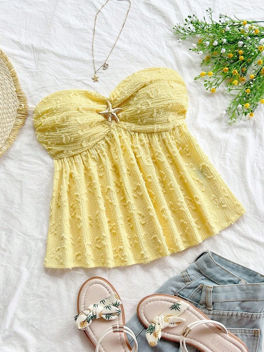 Soleia 女士度假梭织淡黄色激光切割纹理抹胸上衣，带有褶饰紧身胸衣、海星纽扣装饰、褶皱后背、A 字腰部细节、修身版型，非常适合派对、约会、海滩、夏季 - 黃色 - 查看 1