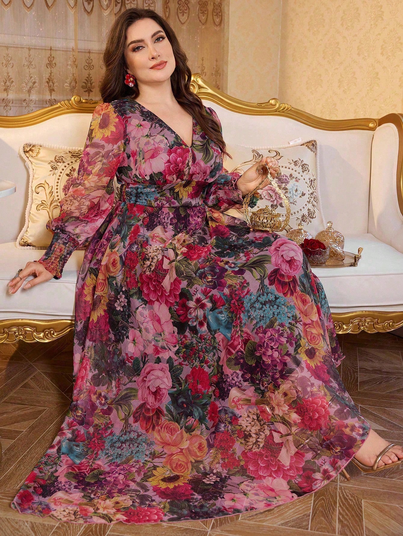 Modelyn فستان طويل الأكمام عنق على شكل حرف V فاخر...