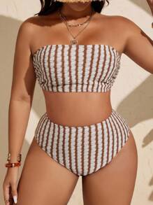 SHEIN Swim Curve Plus Size Women Minimalist Daily Summer Striped Bikini Set - Multicolor - View 4