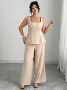 Elenzga Bộ 2 món/Bộ áo và quần trang trí nơ thường ngày mùa hè cỡ lớn cho nữ - Màu Khaki - Xem 6