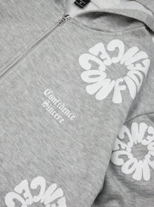 Manfinity EMRG Men's Letter Print Zip Up Hooded Casual Sweatshirt Grey Graphic Zip Up Hoodie , Fall, Long Sleeve Top - Grey - View 3