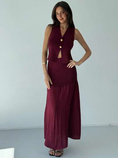 Aloruh 婚礼宾客礼服女式优雅简约时尚通勤无袖 V 领针织背心和高腰荷叶边下摆 A 字型中长连衣裙套装，秋冬季端庄