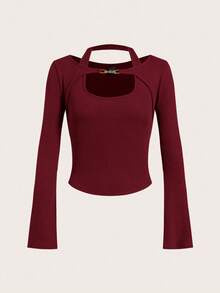 SHEIN EZwear 女士秋冬Y2K罗纹针织二合一喇叭长袖上衣镂空长袖露脐上衣，红色上衣 - 酒紅色 - 查看 2