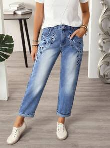 SHEIN LUNE Jeans casuales y versátiles con bolsillo bordado con flores para mujeres - Azul - Ver 4