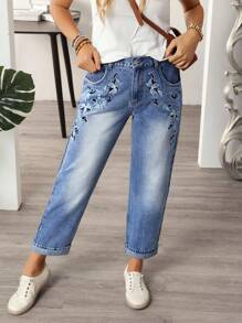 SHEIN LUNE Jeans casuales y versátiles con bolsillo bordado con flores para mujeres - Azul - Ver 6