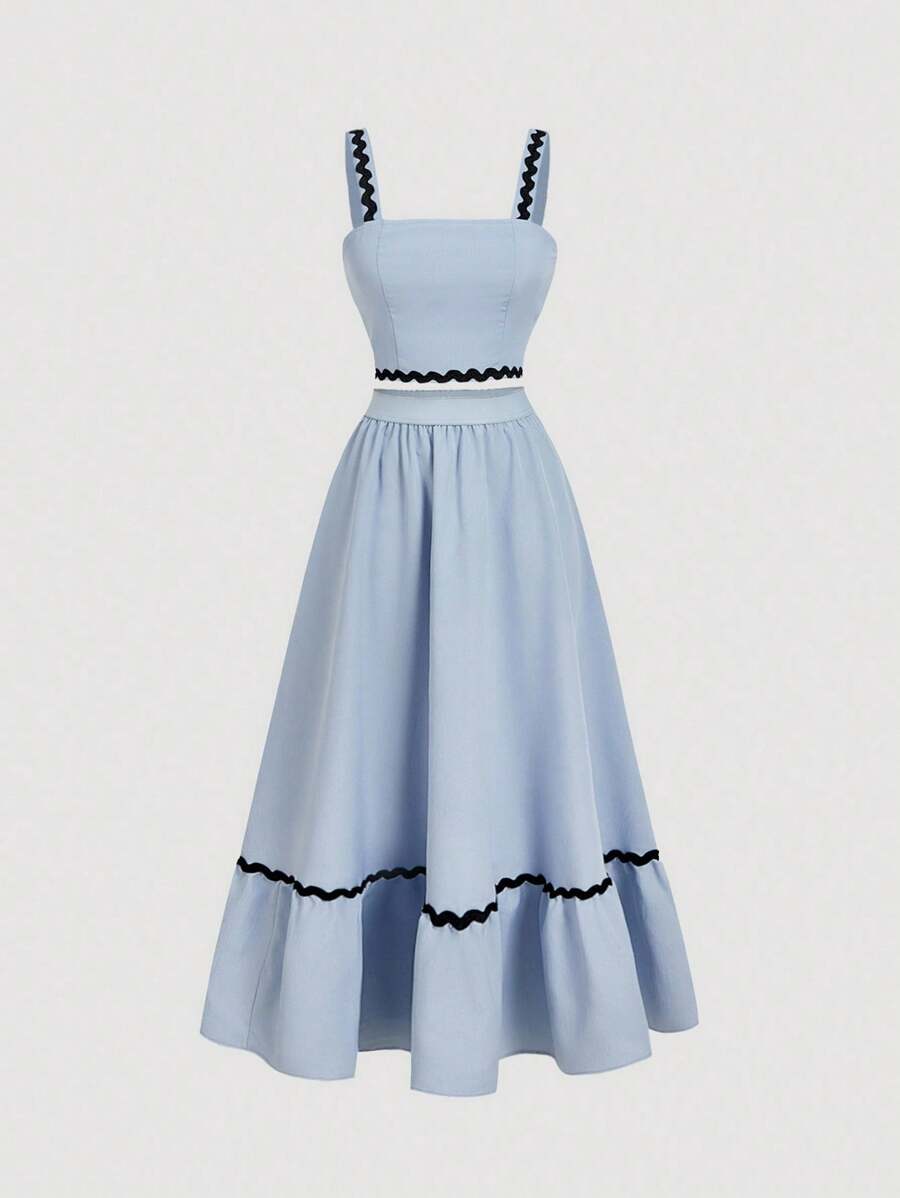 SHEIN MOD 2 Pieces Vacation Set: Sleeveless Top & Long Skirt, Contrast Color Navy - Blue - View 1