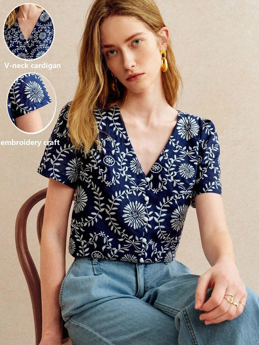Áo len cardigan cổ chữ V thêu trơn màu xanh nước biển phong cách Pháp Retro Leisure Vacation tay ngắn cho nữ - Màu xanh hải quân - Xem 1